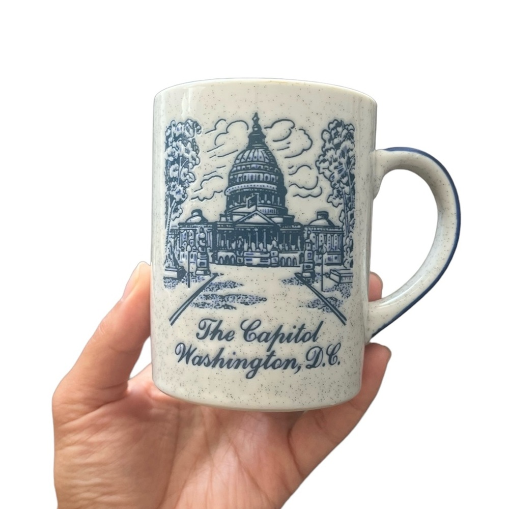 Vintage Blue White Engraved Mug The Capitol Washington DC Souvenir Cup